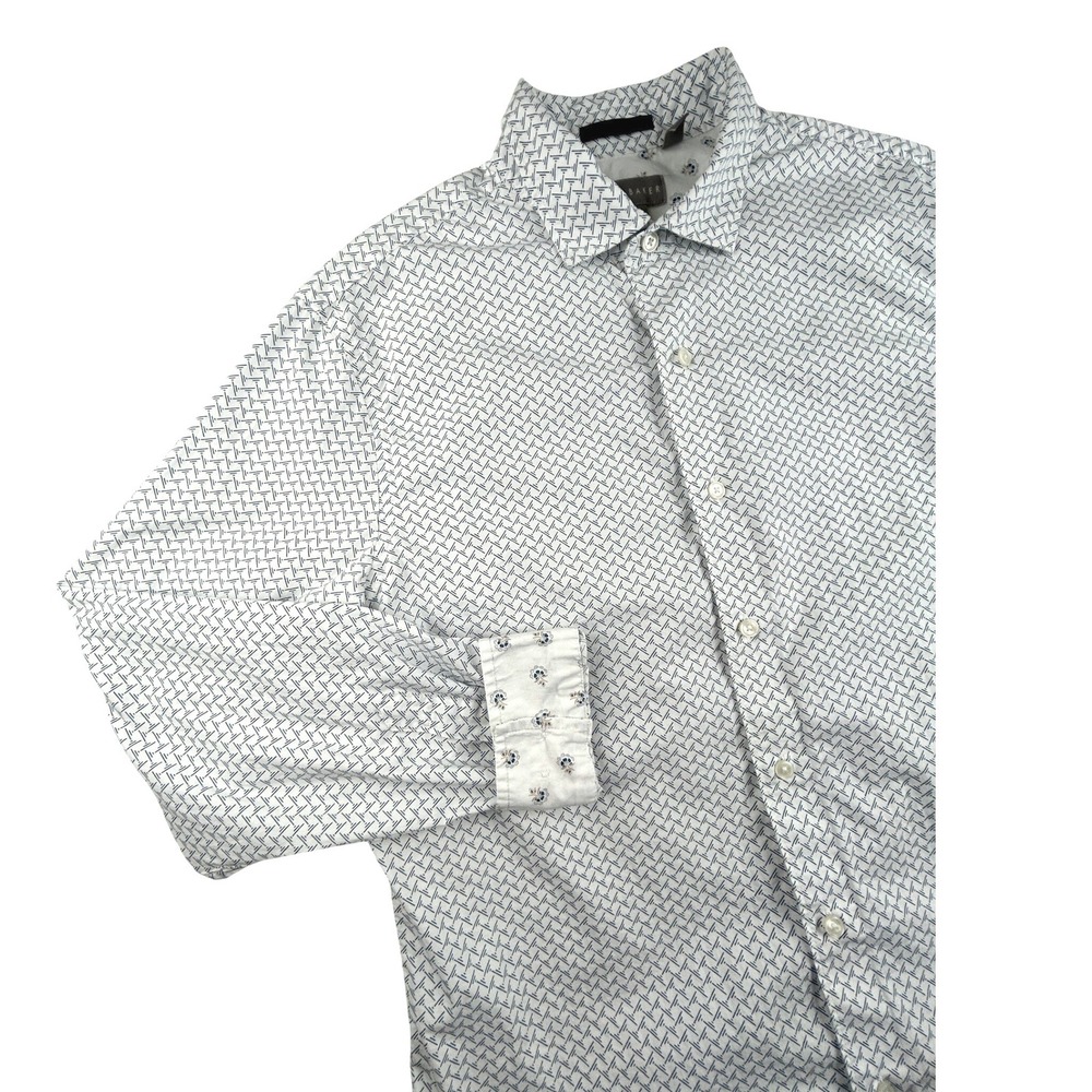 Ted Baker Mens‎ L White Blue Geometric Stretch Button Up Shirt Long Sleeve